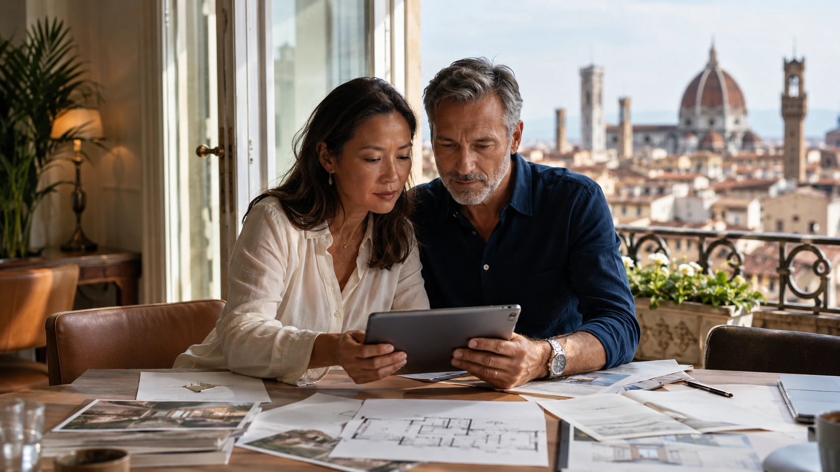 Mature international buyers reviewing illustrative property materials together.